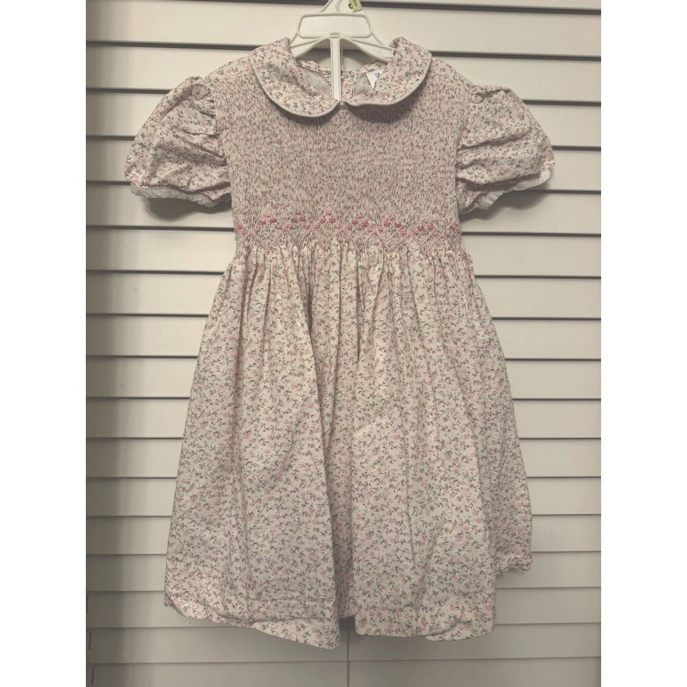 Lulu Bebe Girls Smocked Dress Size 4T Pink/White Floral Collared Puff Sleeve